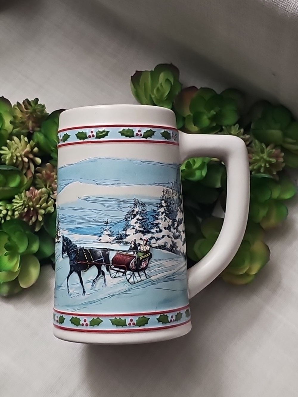 1984 Holiday Winter Sleigh Collectible Ceramic Mug in White and Light Blue